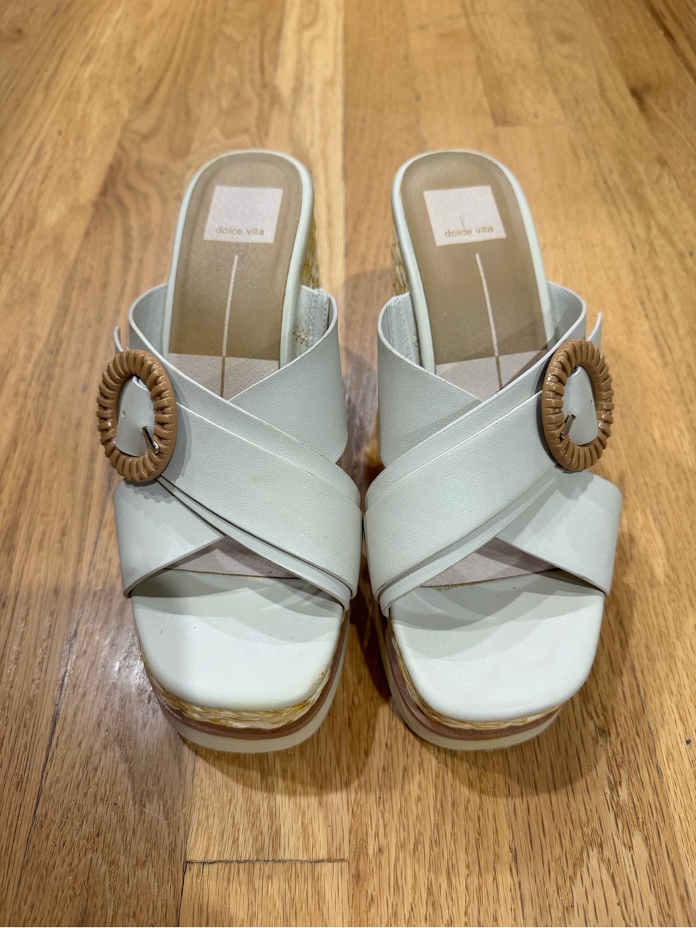 “Dolce Vita” Cream Leather Crisscross Wedge Sandals with Tan Buckle
